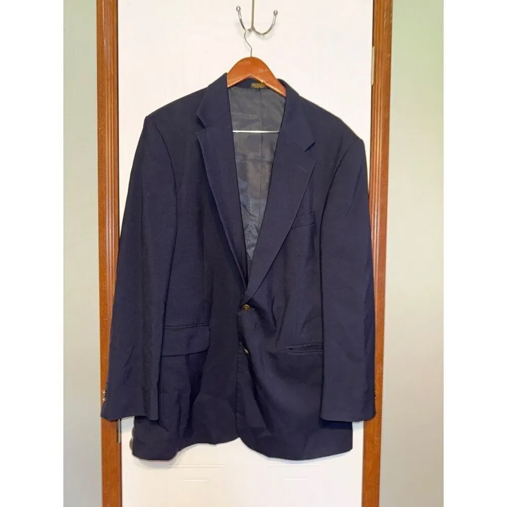 Oscar De La Renta Black Menswear Wool‎ Suit Jacket Gold Buttons Size 44L